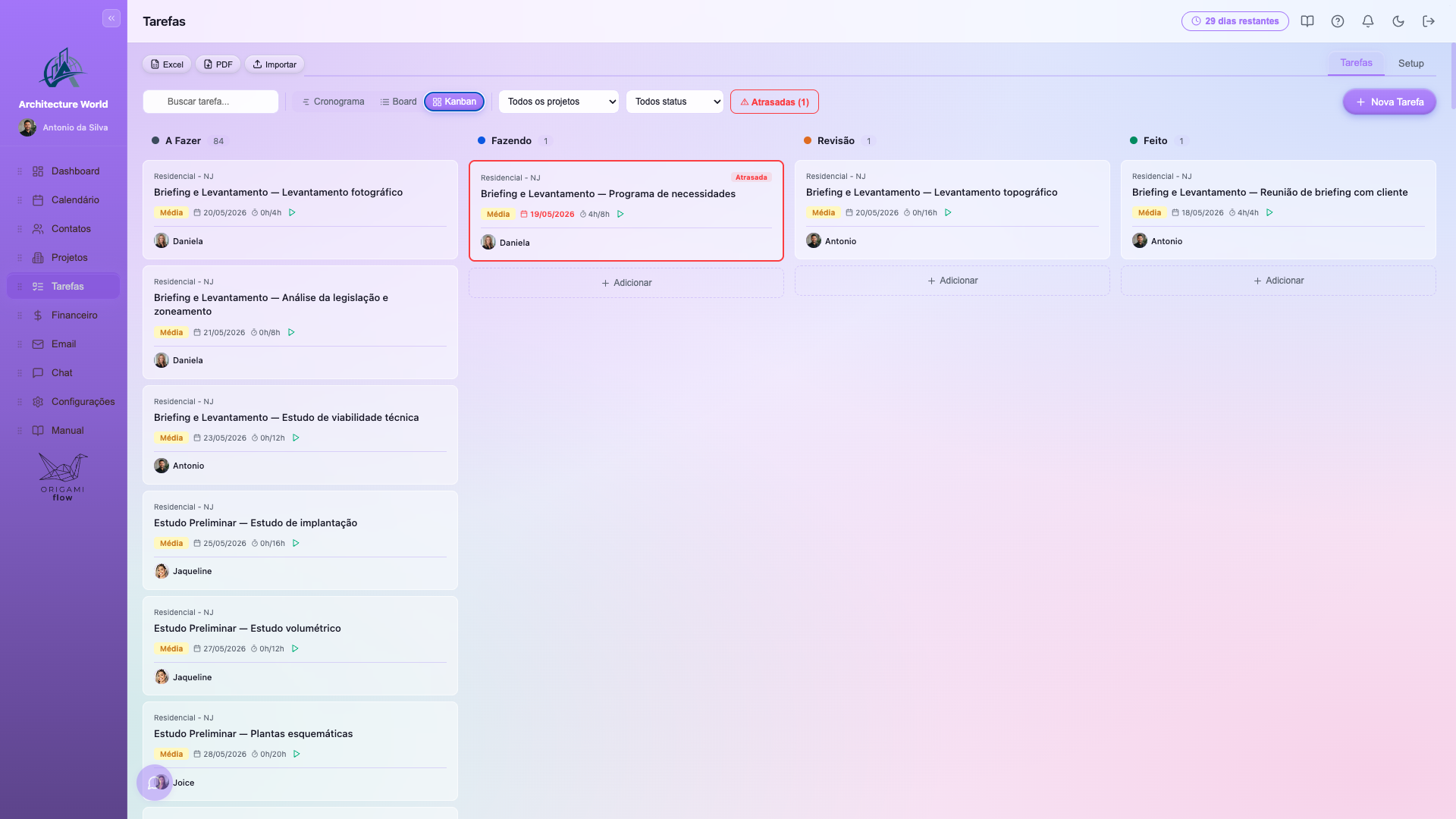 Kanban do OrigamiFlow com colunas A Fazer, Fazendo, Revisão e Feito para gestão de tarefas de arquitetura