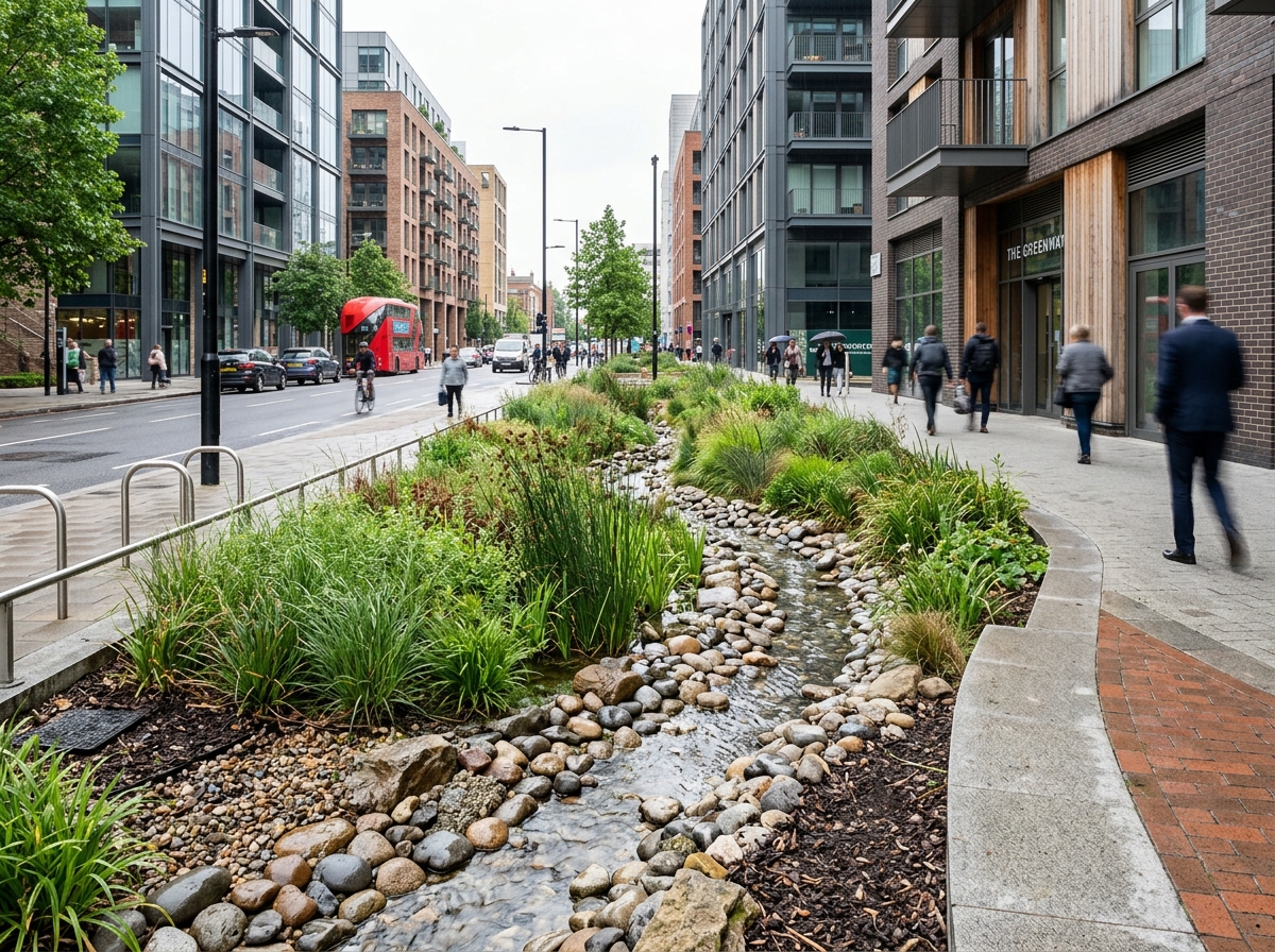 Bio-vala de infiltração com pedras e vegetação em rua urbana contemporânea
