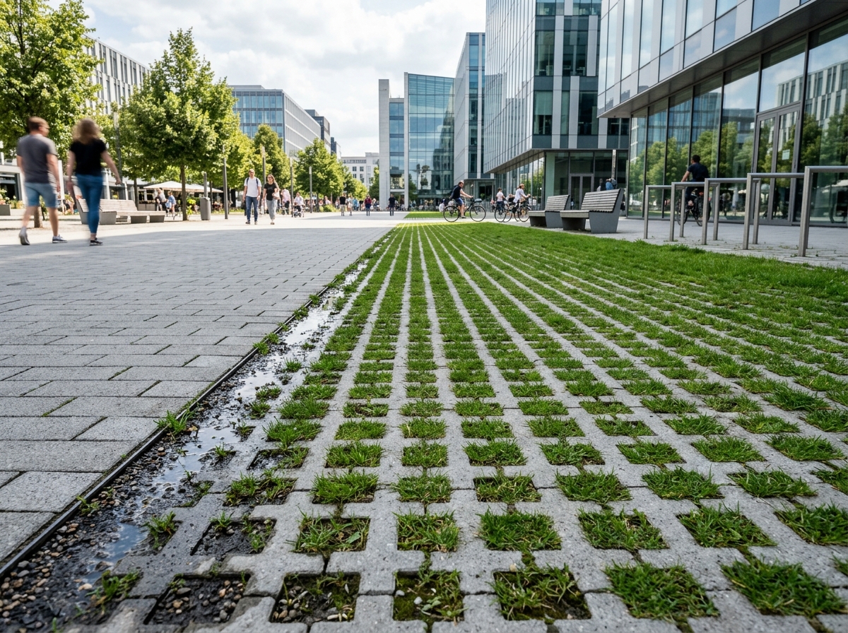 Praça urbana com pavimentos permeáveis intertravados e blocos vazados com grama