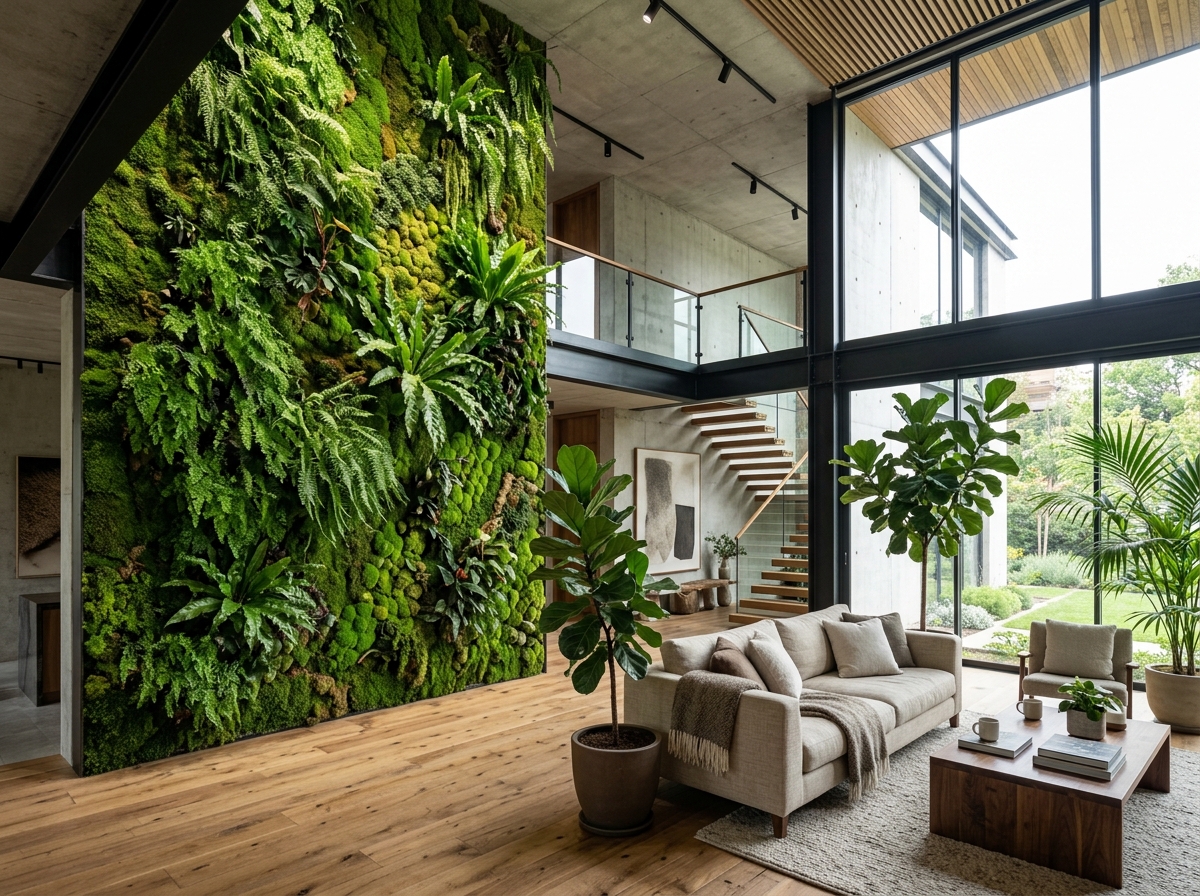 Parede viva vertical de musgo e vegetação integrada à sala de estar pé-direito duplo