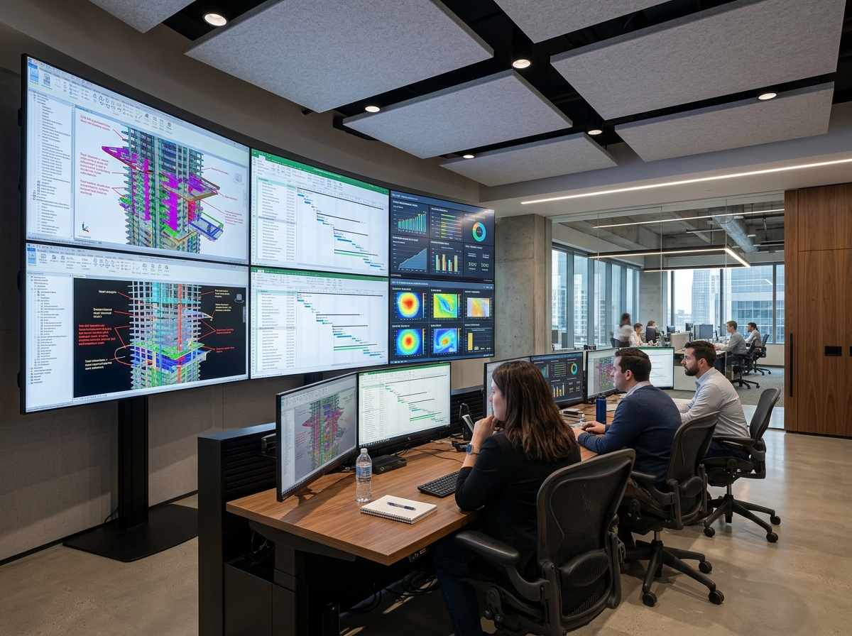 Sala de controle de projetos de arquitetura com múltiplos monitores exibindo modelos BIM 3D e dashboards financeiros