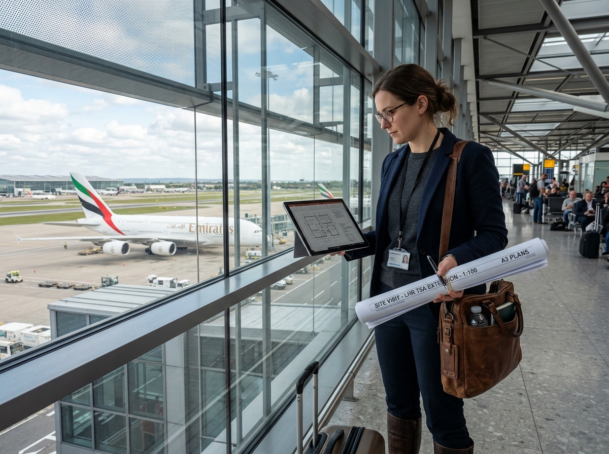 Arquiteta com pranchas em aeroporto embarcando para vistoria técnica de projeto fora da cidade