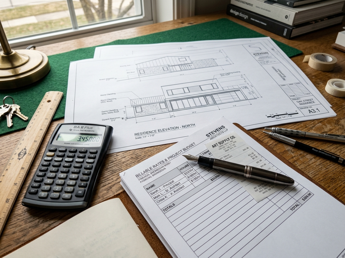 Cálculo minucioso de taxas horárias e orçamento de projeto sobre prancha técnica