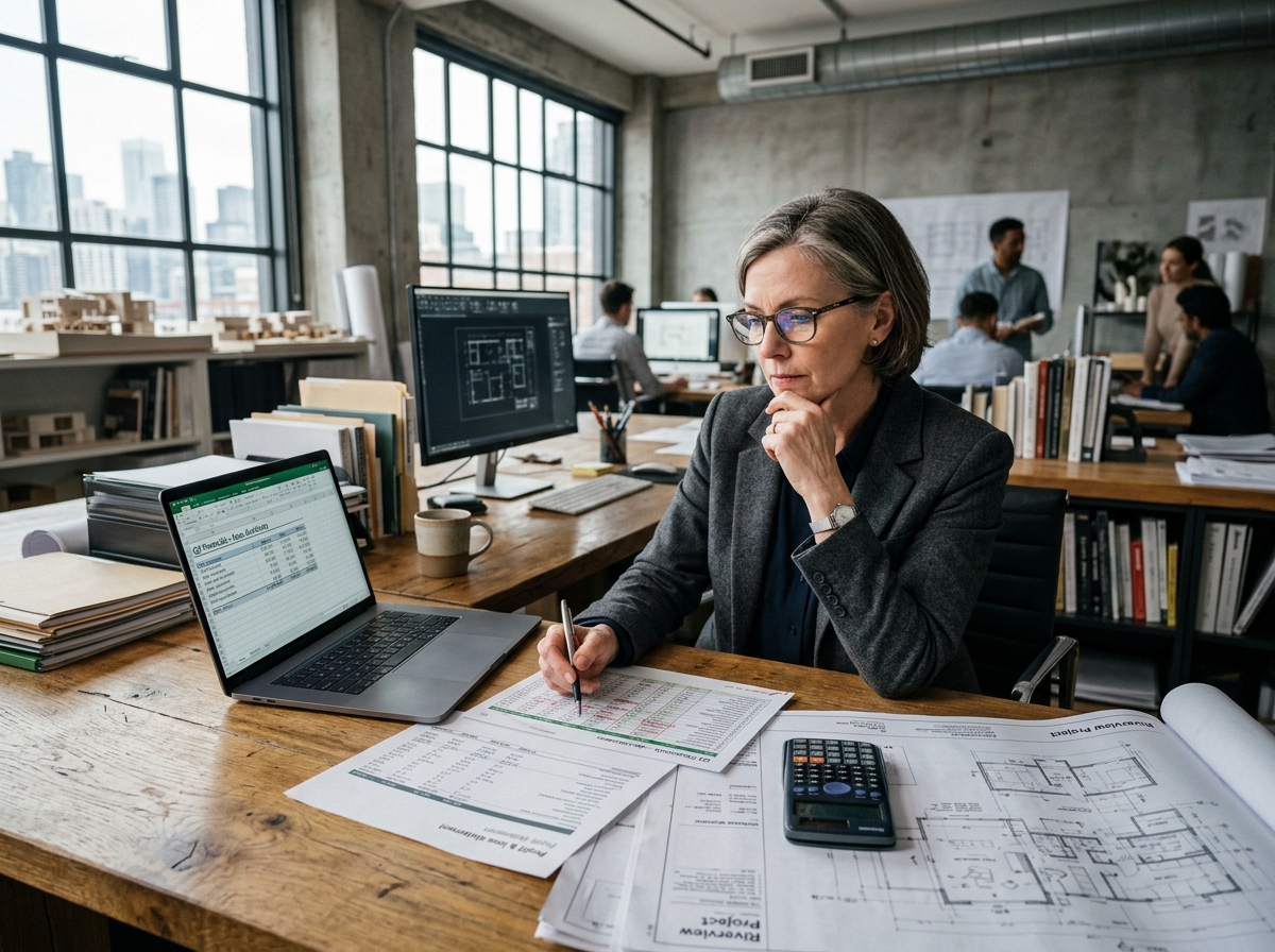 Arquiteta titular em sua mesa de trabalho analisando planilhas financeiras, balanço e calculadora