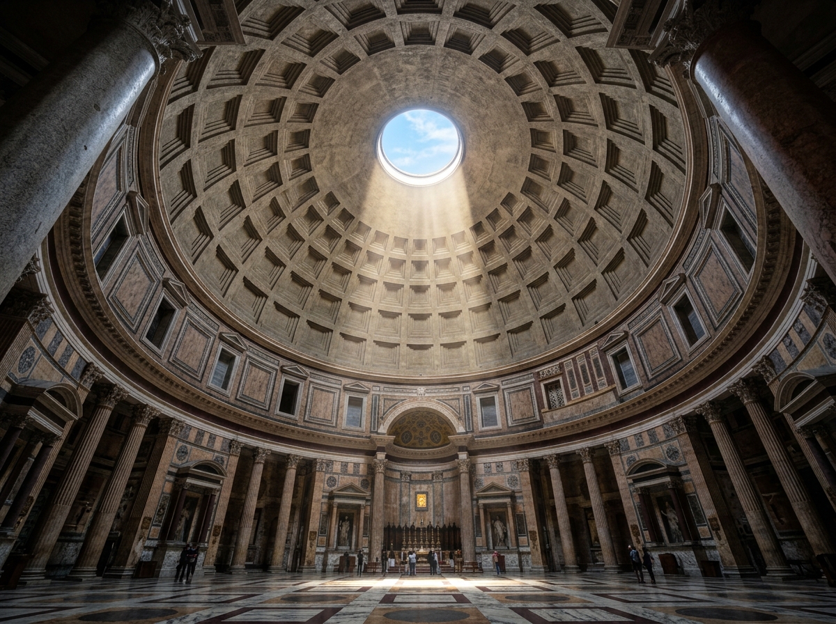 Cúpula de concreto do Panteão de Roma com feixe de luz solar entrando pelo óculo aberto sobre o mármore