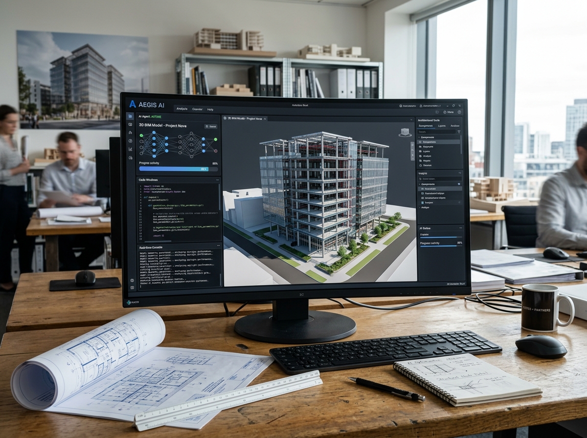 Monitor de computador de alta performance em estúdio de arquitetura executando agente autônomo de IA que modela edifício BIM 3D