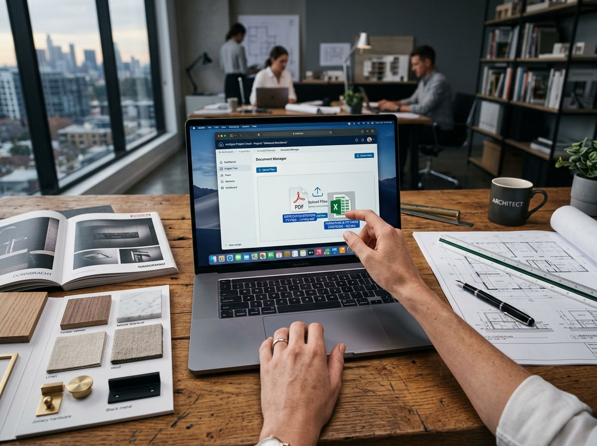 Mãos de arquiteto realizando drag and drop de arquivos em PDF e Excel para a tela de gerenciamento de documentos do sistema