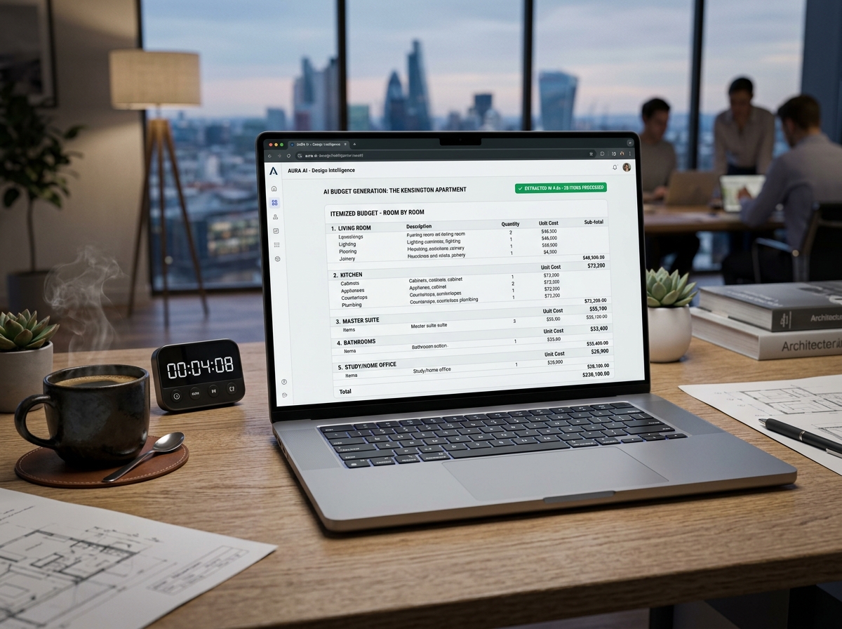 Tela de laptop de alta resolução exibindo resultado da geração de orçamento por IA com badge verde de extração em 4.8 segundos e itens organizados por ambiente