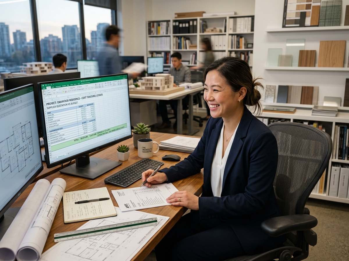 Arquiteta sorrindo com confiança em mesa de escritório moderna enquanto confere a precisão matemática perfeita do orçamento gerado por IA