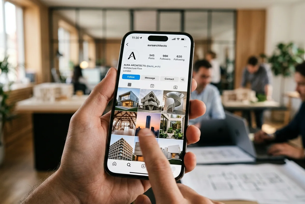 Perfil de arquitetura no Instagram com grid organizado de projetos