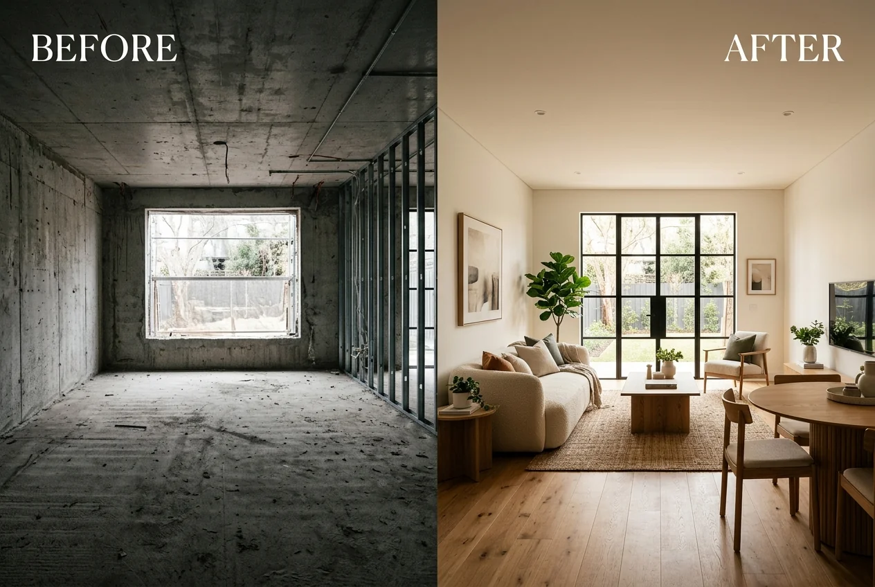 Transformação antes e depois de um interior residencial