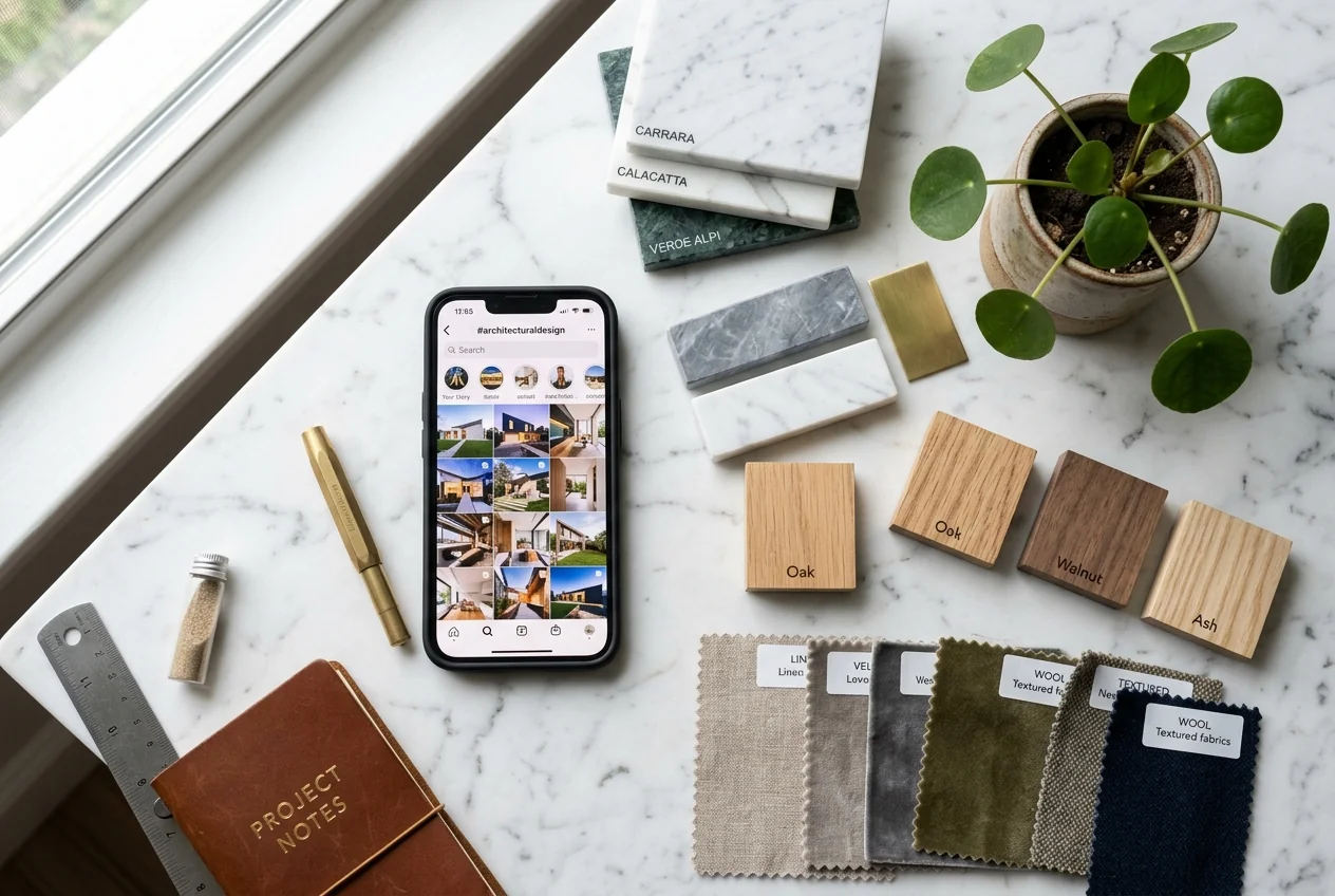 Flat lay de mesa com celular, amostras de materiais e Instagram aberto