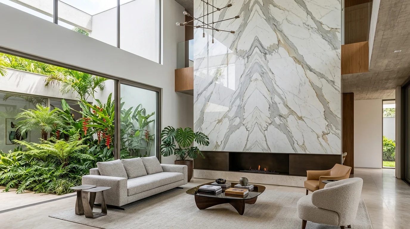 Living contemporâneo com mármore Calacatta bookmatched