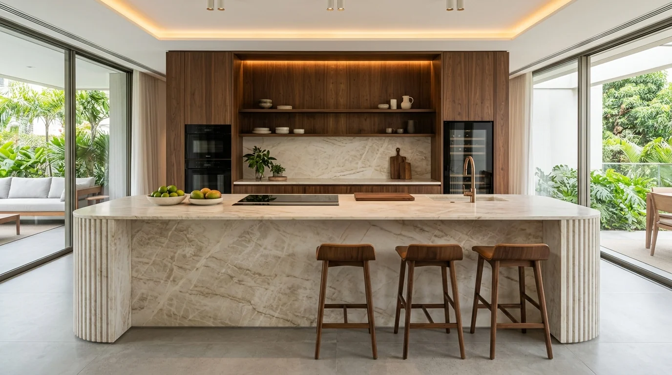 Cozinha gourmet de luxo com ilha em quartzito esculpido