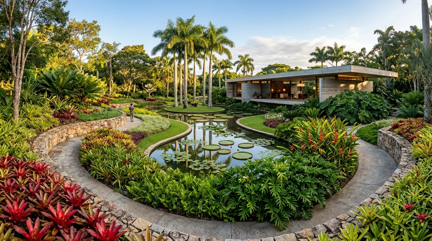 Jardim modernista tropical brasileiro inspirado em Roberto Burle Marx