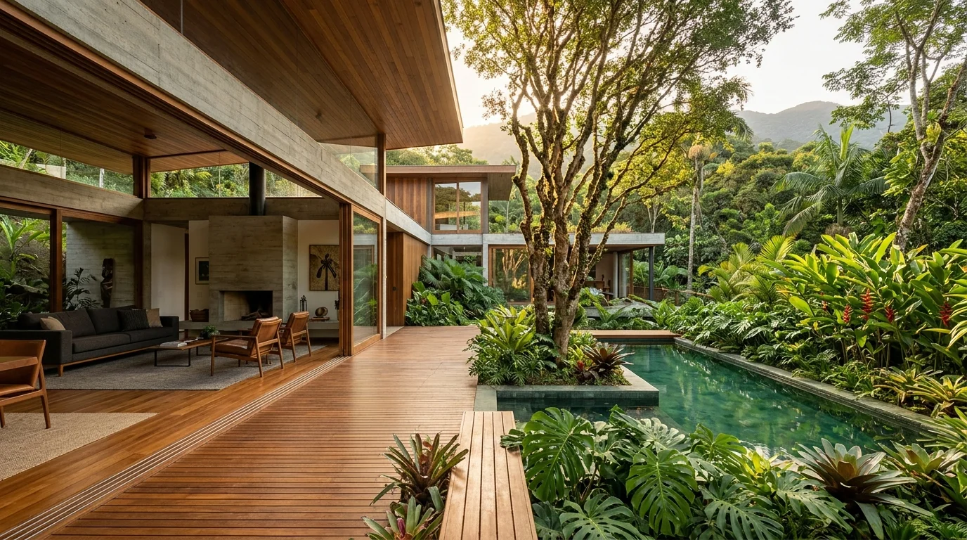 Residência brasileira contemporânea integrada ao jardim biofílico e piscina em pedra natural