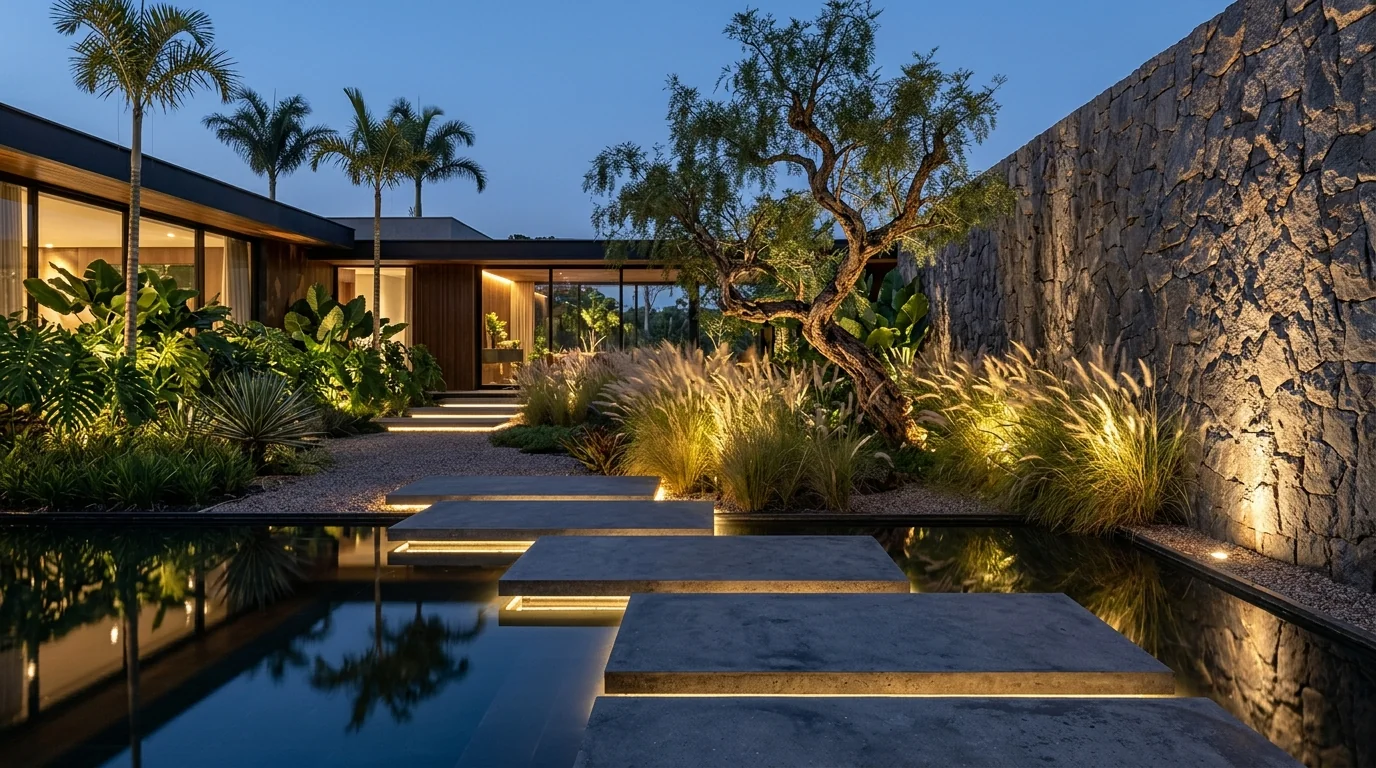 Jardim minimalista contemporâneo com pisadas flutuantes sobre espelho d'água ao entardecer