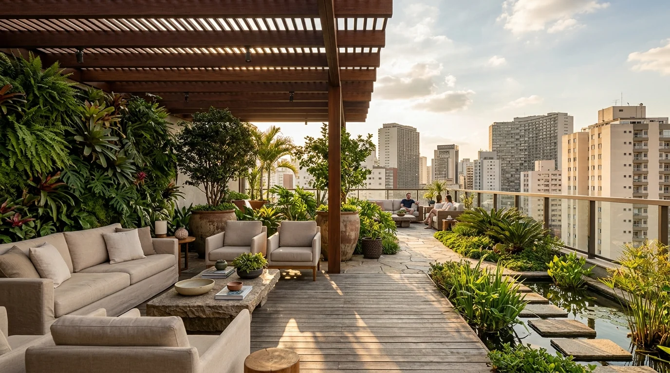 Terraço jardim biofílico em São Paulo com pergolado de madeira e áreas de bem-estar