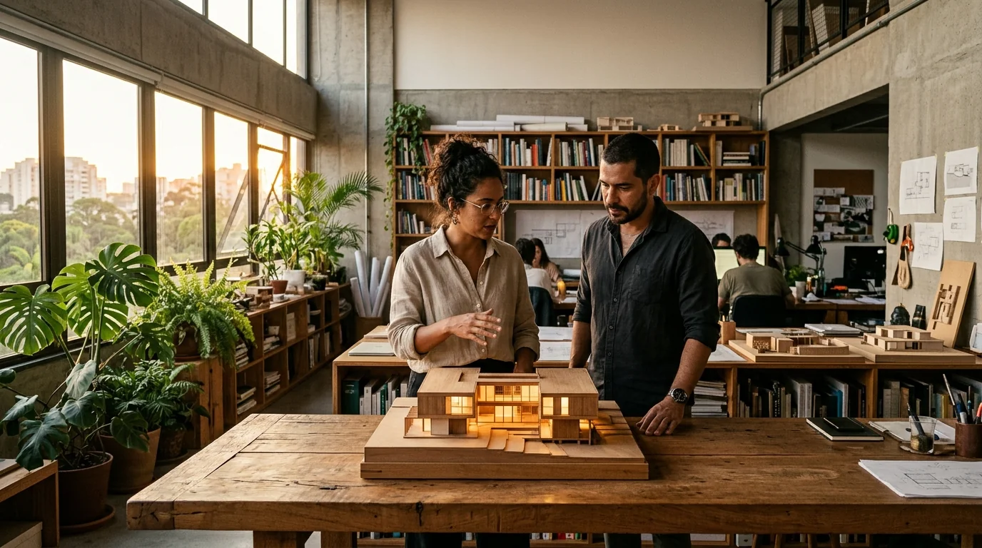 Dois arquitetos brasileiros analisando maquete iluminada em estúdio contemporâneo