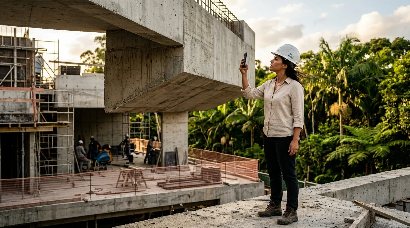 Arquiteta brasileira em canteiro de obras de alto padrão utilizando smartphone para gestão