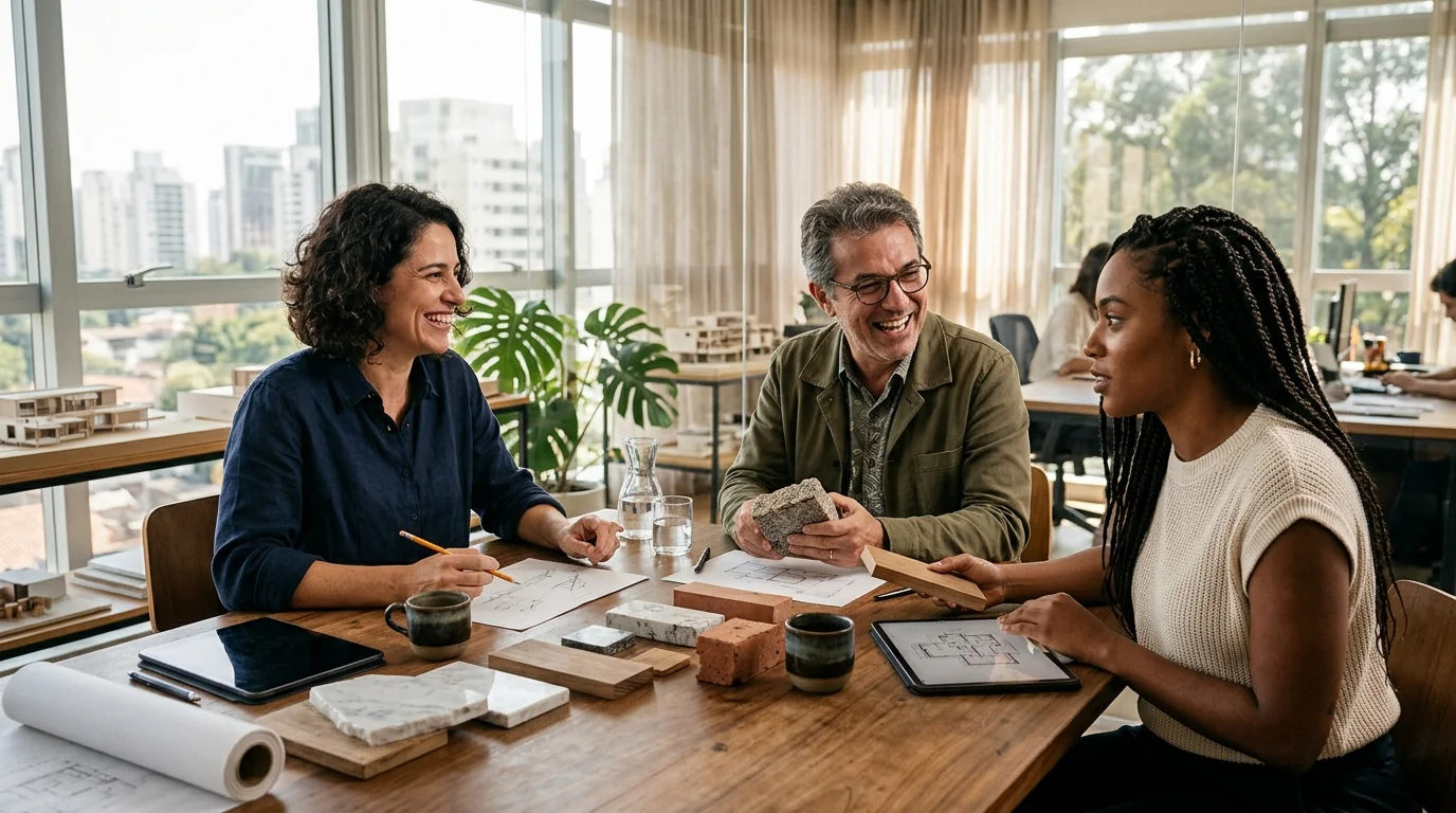 Sócios arquitetos reunidos analisando materiais e indicadores do escritório