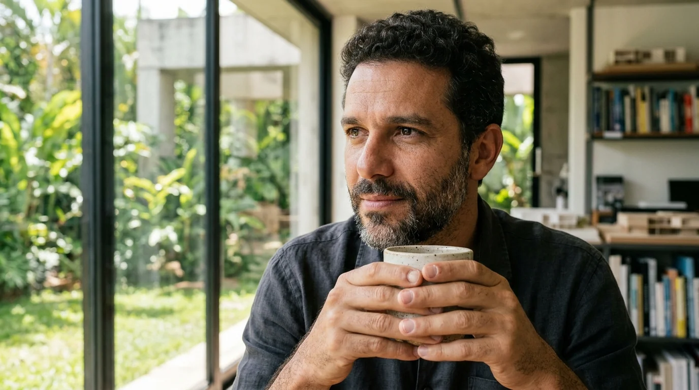 Arquiteto brasileiro contemplando resultados com tranquilidade e foco criativo
