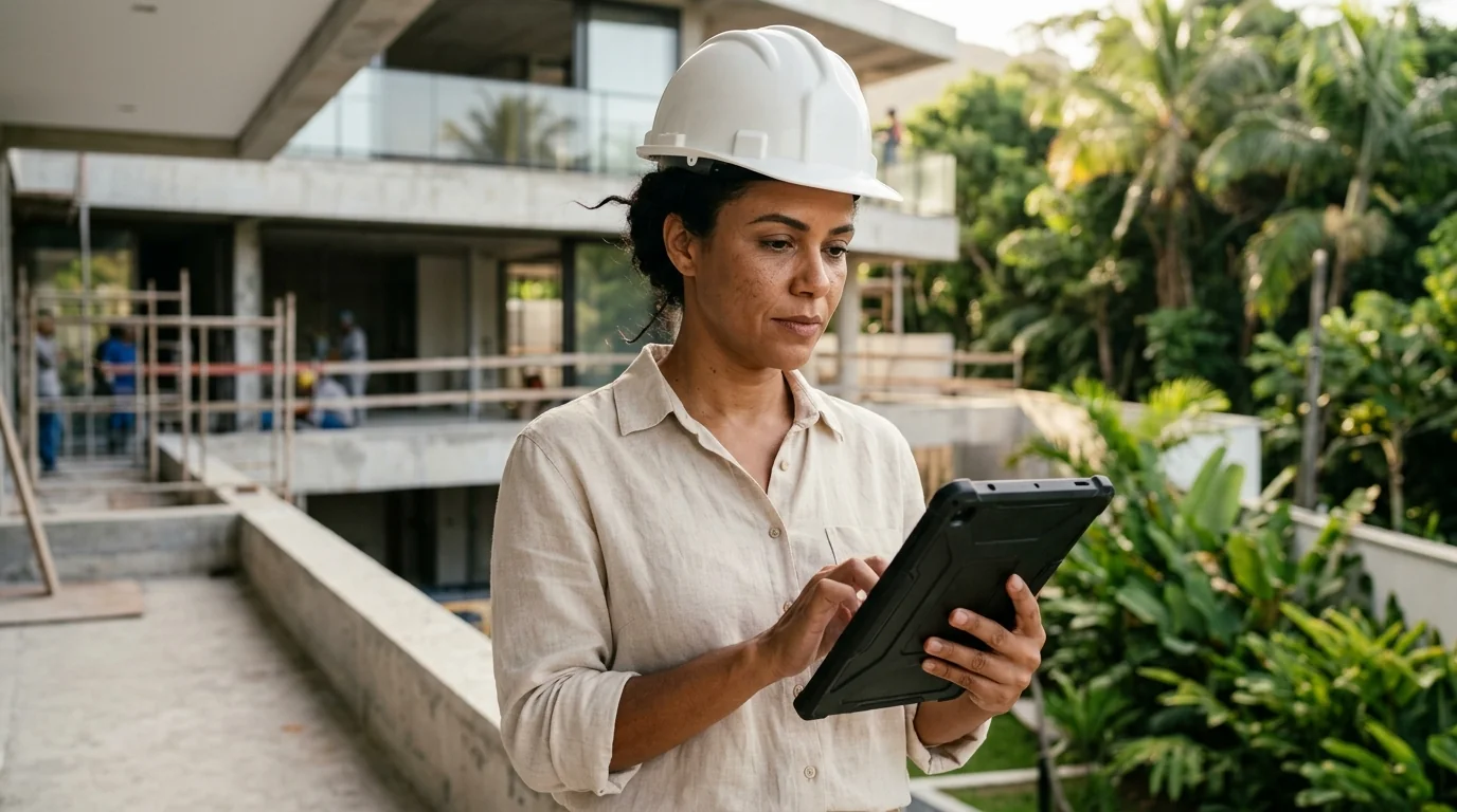 Arquiteta brasileira conferindo dados e cronograma de obra em tablet digital