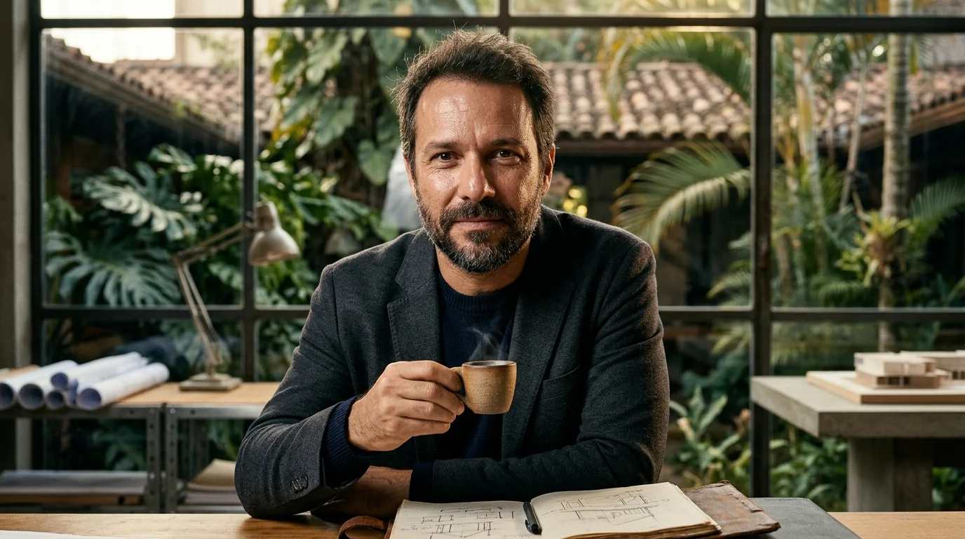 Arquiteto sênior brasileiro tranquilo com controle total dos indicadores do escritório