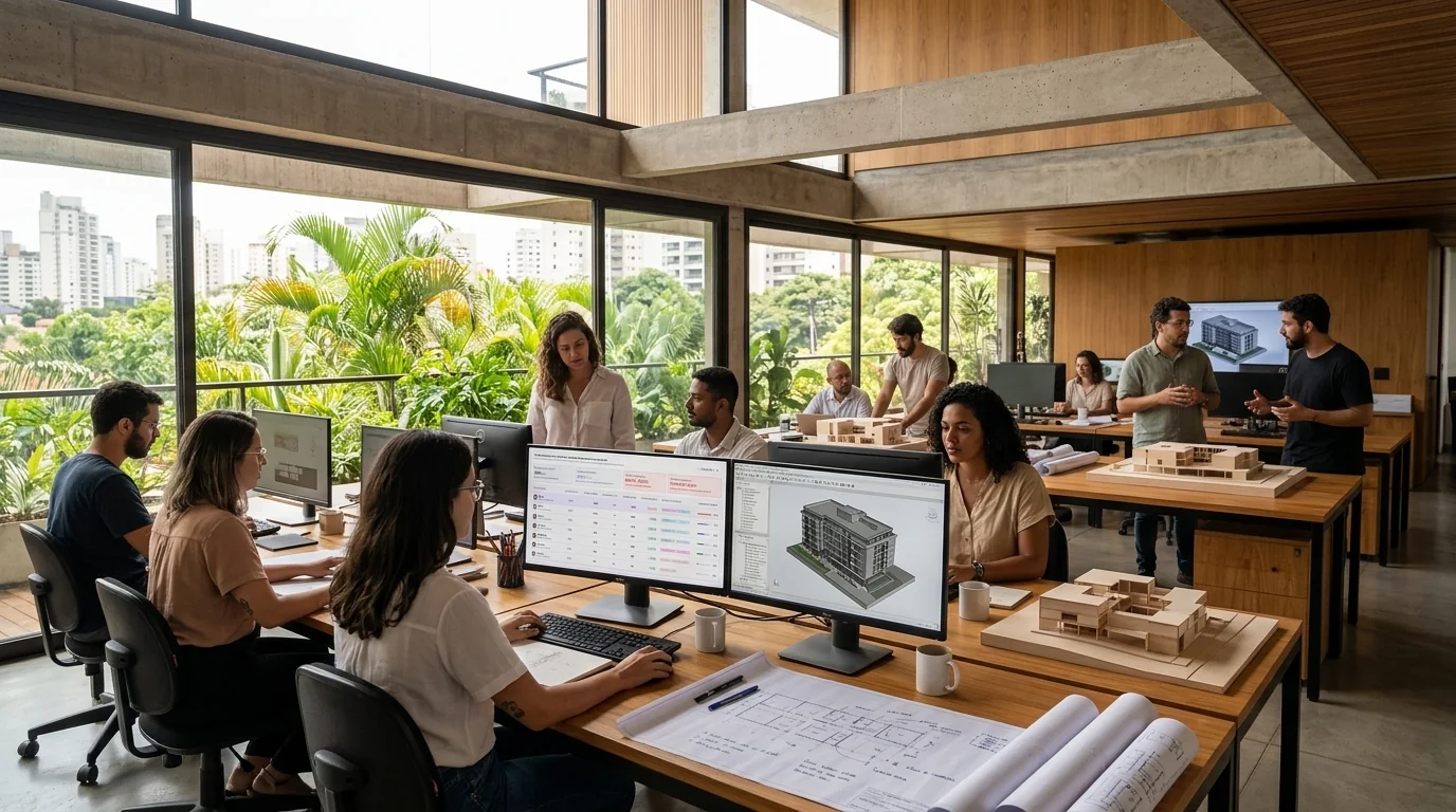 Ateliê de arquitetura trabalhando com equilíbrio de carga e alta produtividade