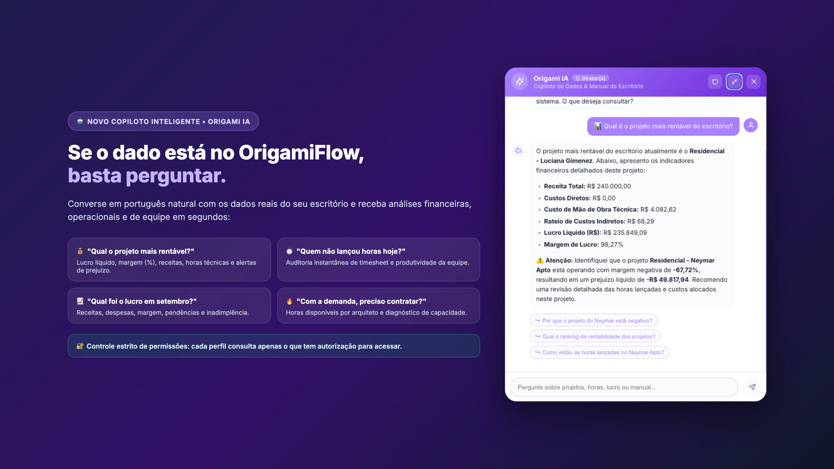 Painel e interface real da Origami IA no sistema OrigamiFlow