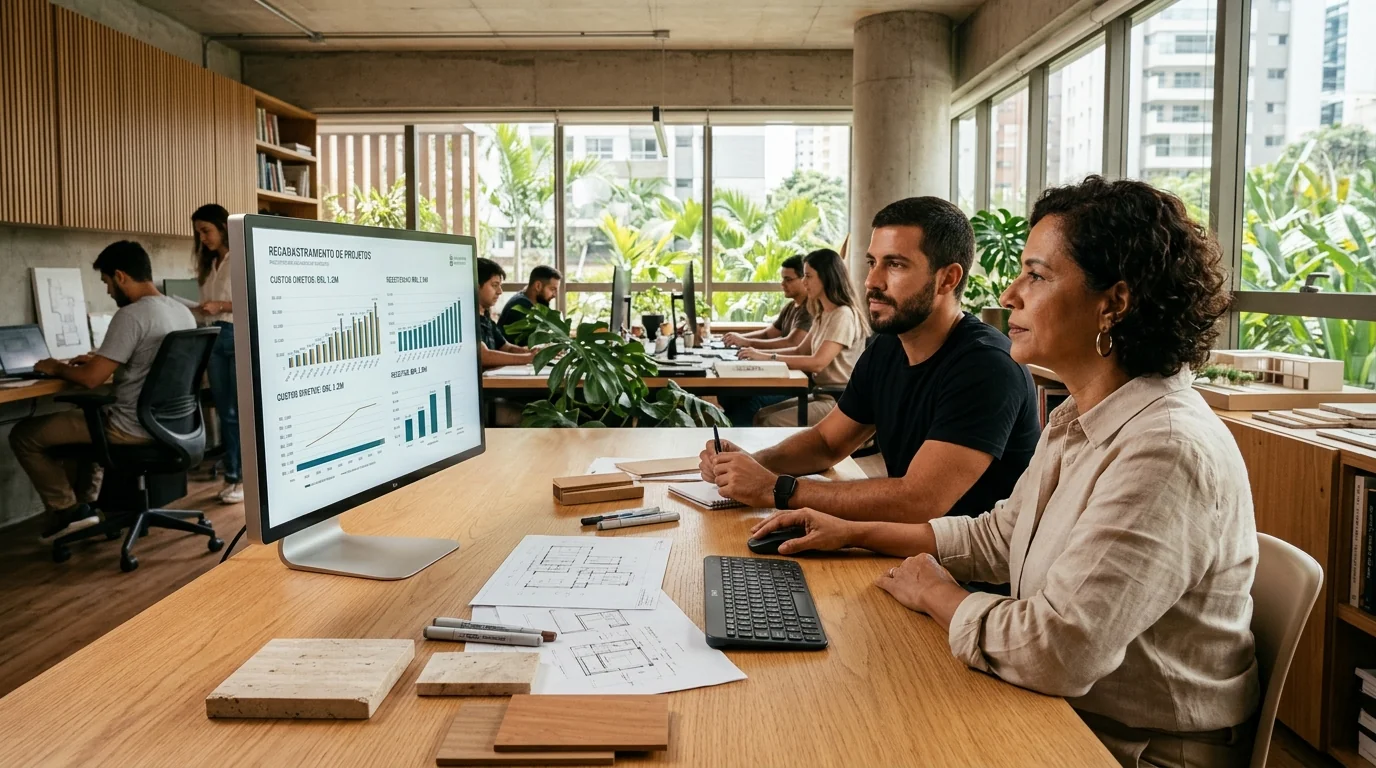 Sócios de escritório de arquitetura analisando indicadores de receita e custos diretos de projetos