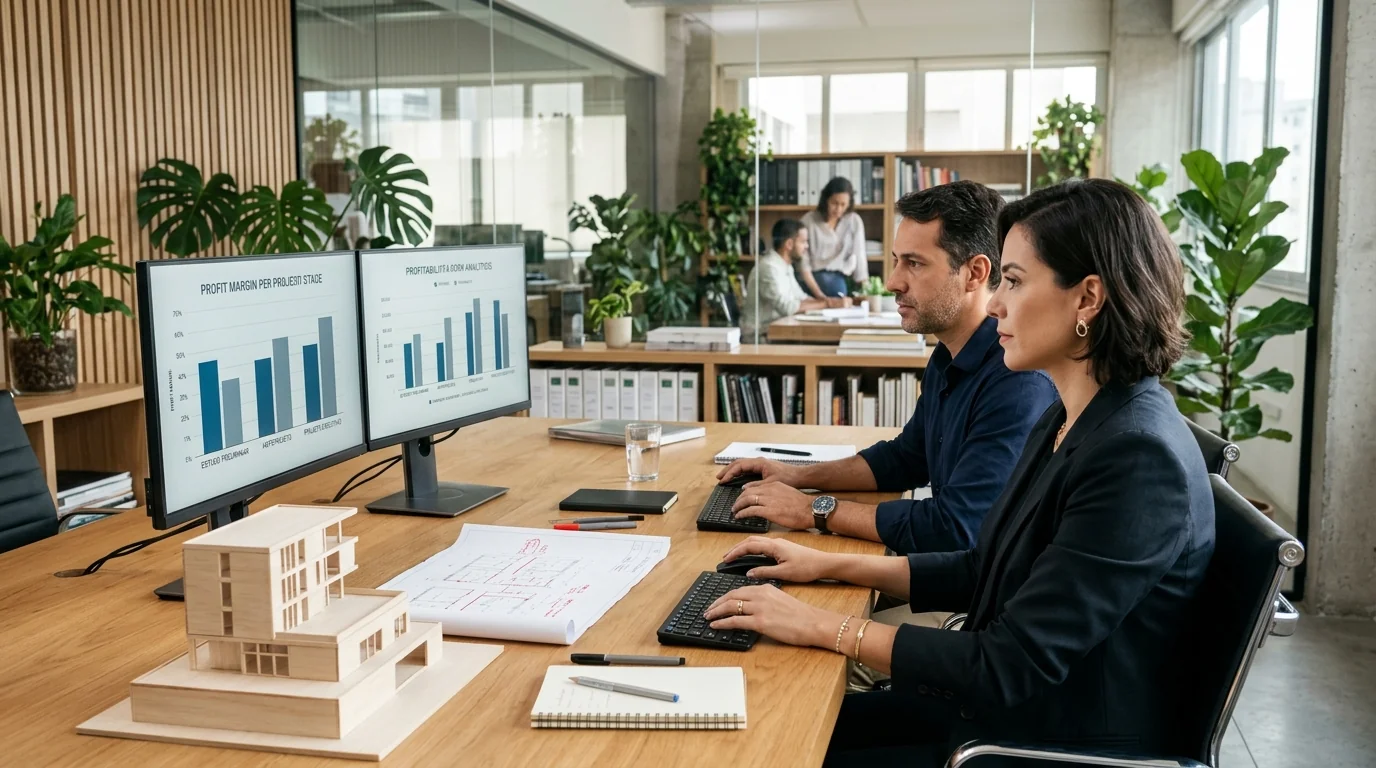 Sócios analisando gráficos comparativos de rentabilidade por etapa de projeto em dois monitores