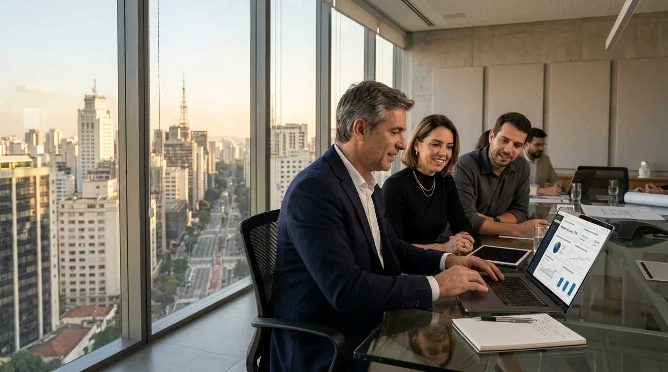 Diretores de arquitetura reunidos na sala de conselho analisando rentabilidade de projetos no notebook