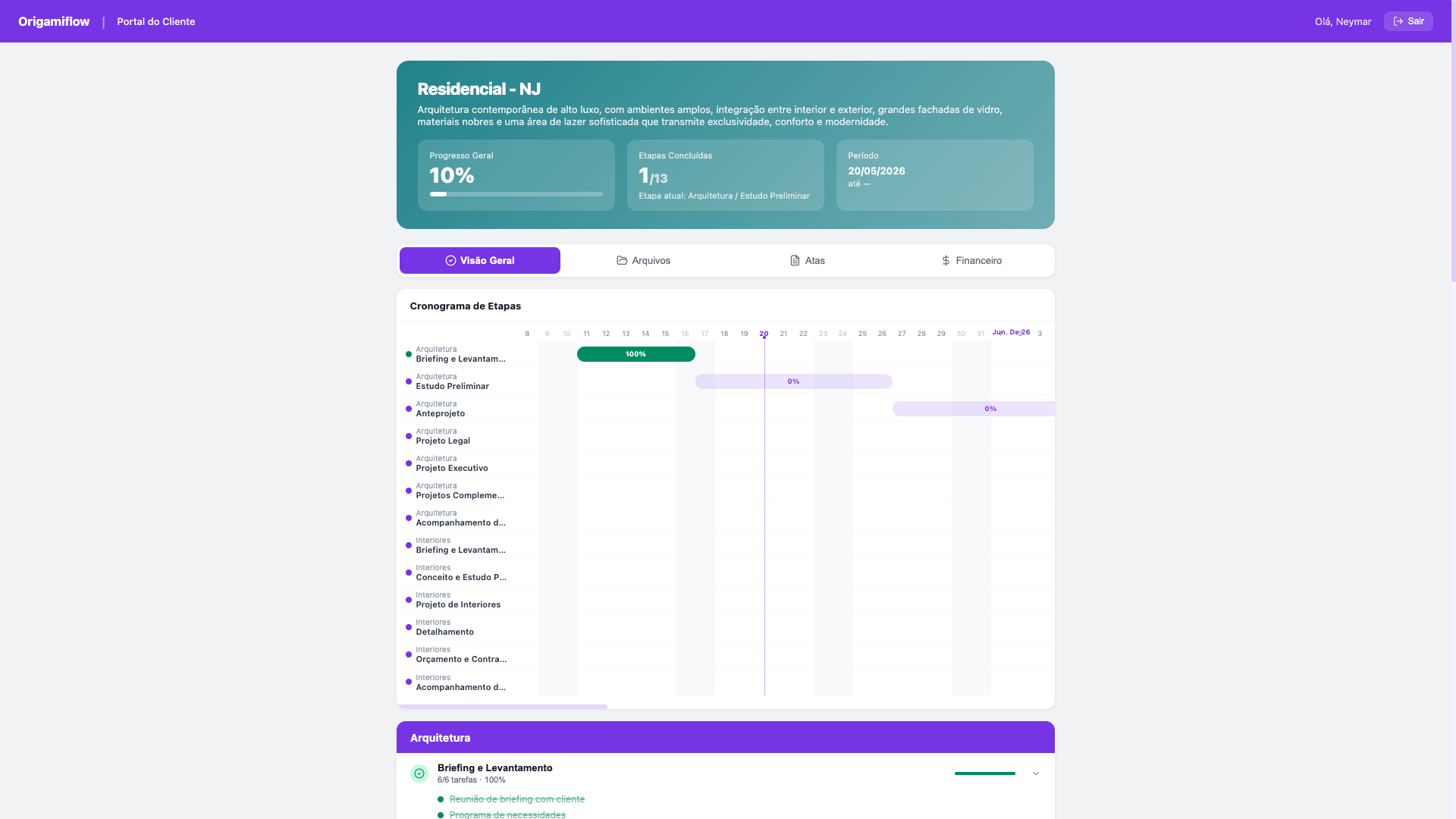 Portal do Cliente dedicado para acompanhamento de etapas e aprovações de projetos no OrigamiFlow.